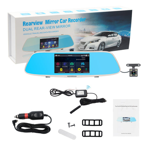 Espejo Retrovisor 5" táctil con Cámara de Retroceso y Frontal DVR para Auto en caja y cableado DVR3520